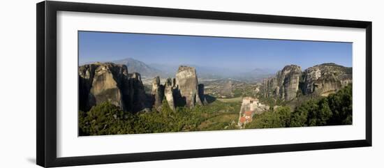 Greece, Thessaly, Meteora, Panoramic View of Meteora and Holy Monastery of Rousanou-Michele Falzone-Framed Photographic Print