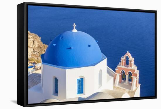 Greek Church with Blue Dome and Pink Bell Tower-Neale Clark-Framed Stretched Canvas