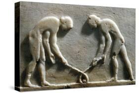 Greek Civilization, Plinth of Kouros Statue, Bas-Relief Depicting Players with Sticks and Ball-null-Stretched Canvas