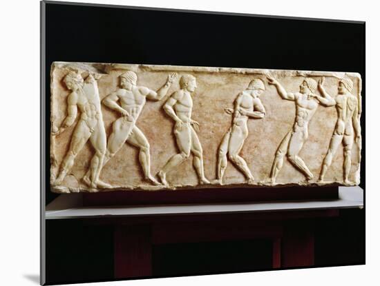 Greek Civilization, Stele Depicting Athletes at Gymnasium, from Kerameikos Necropolis in Athens-null-Mounted Giclee Print