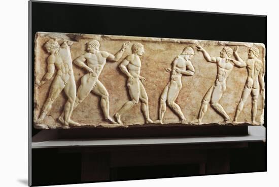 Greek Civilization, Stele Depicting Athletes at Gymnasium, from Kerameikos Necropolis in Athens-null-Mounted Giclee Print