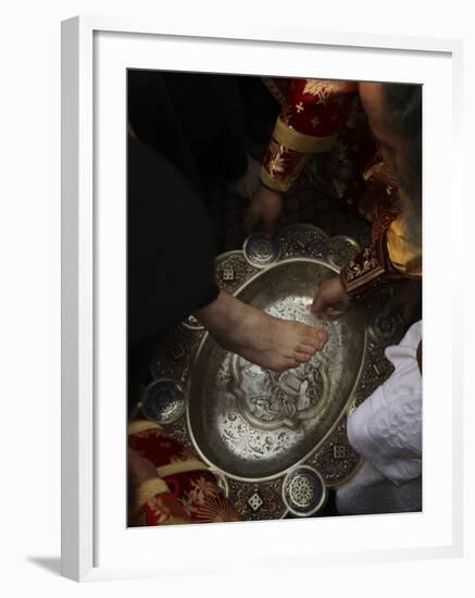 Greek Orthodox Patriarch Washes Foot of Priest at Ceremony Outside Church of Holy Sepulchre-null-Framed Photographic Print