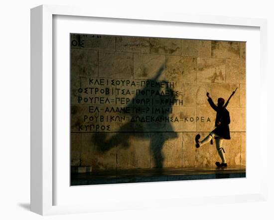 Greek Presidential Guard Marches at the Tomb of the Unknown Soldier in Athens-null-Framed Photographic Print