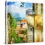 Greek Streets And Monasteries-Artwork In Painting Style-Maugli-l-Stretched Canvas