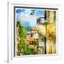 Greek Streets And Monasteries-Artwork In Painting Style-Maugli-l-Framed Premium Giclee Print