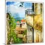 Greek Streets And Monasteries-Artwork In Painting Style-Maugli-l-Mounted Premium Giclee Print