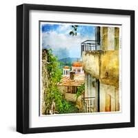 Greek Streets And Monasteries-Artwork In Painting Style-Maugli-l-Framed Art Print