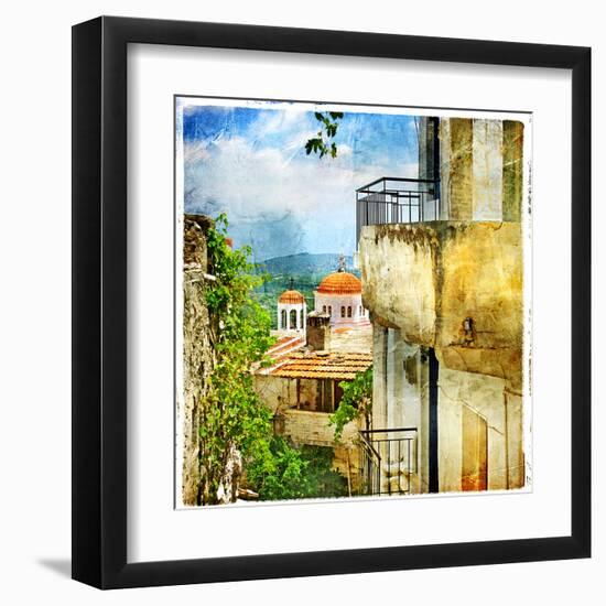 Greek Streets And Monasteries-Artwork In Painting Style-Maugli-l-Framed Art Print