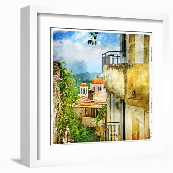 Greek Streets And Monasteries-Artwork In Painting Style-Maugli-l-Framed Art Print