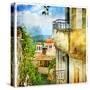 Greek Streets And Monasteries-Artwork In Painting Style-Maugli-l-Stretched Canvas