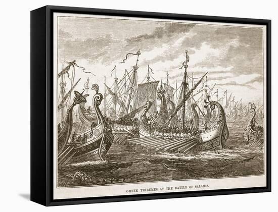 Greek Triremes at the Battle of Salamis (Litho)-English-Framed Stretched Canvas