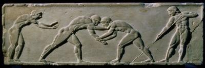 Young Men Wrestling, from a Statue Base Found in the Dipylon Cemetery, Athens, c.510 BC-Greek-Framed Giclee Print