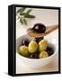 Green and Black Olives in Small Dish and on Wooden Spoon-Barbara Kraske-Framed Stretched Canvas