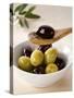 Green and Black Olives in Small Dish and on Wooden Spoon-Barbara Kraske-Stretched Canvas