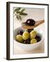 Green and Black Olives in Small Dish and on Wooden Spoon-Barbara Kraske-Framed Photographic Print