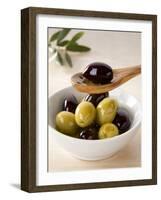 Green and Black Olives in Small Dish and on Wooden Spoon-Barbara Kraske-Framed Photographic Print