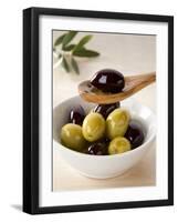 Green and Black Olives in Small Dish and on Wooden Spoon-Barbara Kraske-Framed Photographic Print