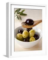 Green and Black Olives in Small Dish and on Wooden Spoon-Barbara Kraske-Framed Photographic Print