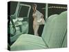 Green Car Interior with Dressed Up Woman-null-Stretched Canvas