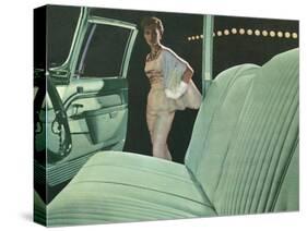 Green Car Interior with Dressed Up Woman-null-Stretched Canvas