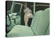 Green Car Interior with Dressed Up Woman-null-Stretched Canvas