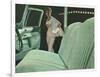 Green Car Interior with Dressed Up Woman-null-Framed Art Print