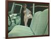 Green Car Interior with Dressed Up Woman-null-Framed Art Print