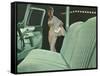 Green Car Interior with Dressed Up Woman-null-Framed Stretched Canvas