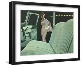 Green Car Interior with Dressed Up Woman-null-Framed Art Print