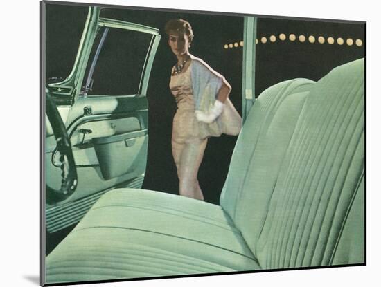 Green Car Interior with Dressed Up Woman-null-Mounted Art Print