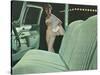 Green Car Interior with Dressed Up Woman-null-Stretched Canvas