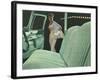 Green Car Interior with Dressed Up Woman-null-Framed Art Print