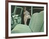 Green Car Interior with Dressed Up Woman-null-Framed Art Print