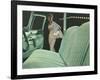 Green Car Interior with Dressed Up Woman-null-Framed Art Print