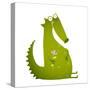 Green Cute Kids Crocodile Sitting with Flower. Happy Fun Watercolor Style Animal Greeting Card for-Popmarleo-Stretched Canvas