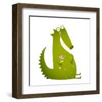 Green Cute Kids Crocodile Sitting with Flower. Happy Fun Watercolor Style Animal Greeting Card for-Popmarleo-Framed Art Print