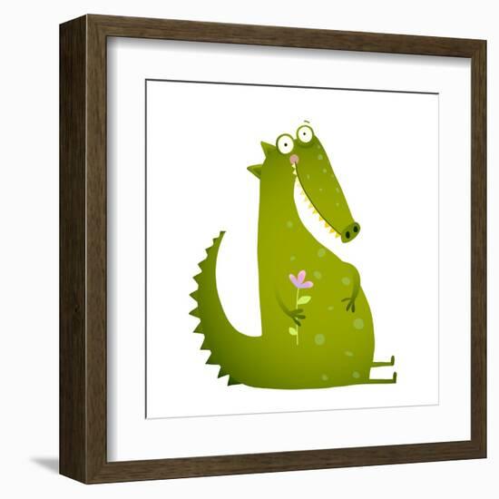 Green Cute Kids Crocodile Sitting with Flower. Happy Fun Watercolor Style Animal Greeting Card for-Popmarleo-Framed Art Print