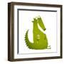 Green Cute Kids Crocodile Sitting with Flower. Happy Fun Watercolor Style Animal Greeting Card for-Popmarleo-Framed Art Print