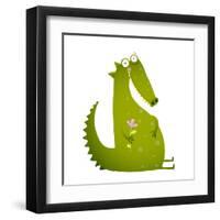 Green Cute Kids Crocodile Sitting with Flower. Happy Fun Watercolor Style Animal Greeting Card for-Popmarleo-Framed Art Print