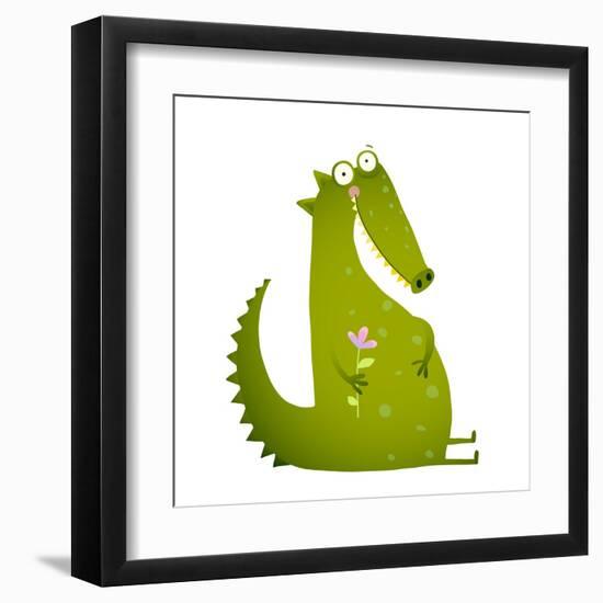 Green Cute Kids Crocodile Sitting with Flower. Happy Fun Watercolor Style Animal Greeting Card for-Popmarleo-Framed Art Print