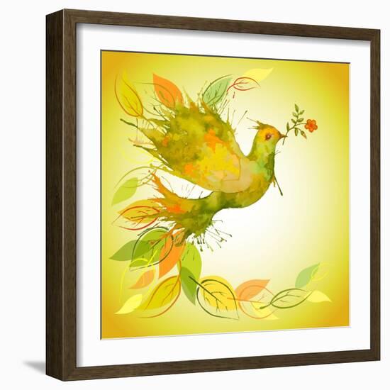 Green Dove with Flower Branch and Autumn Leaves-Scarlet Starlet-Framed Art Print