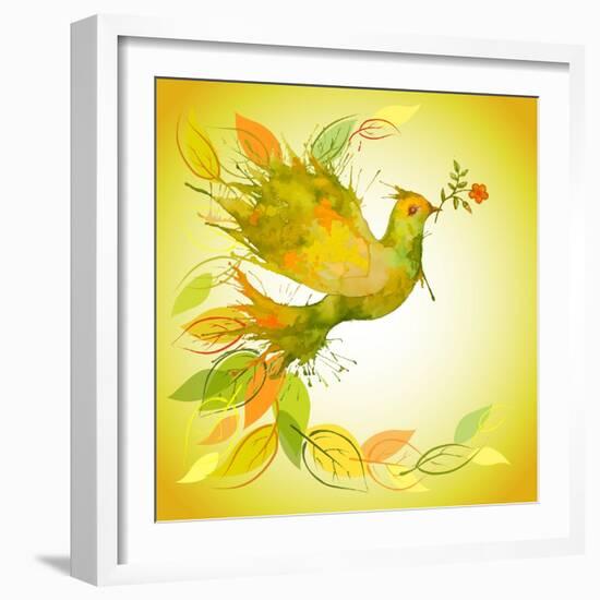 Green Dove with Flower Branch and Autumn Leaves-Scarlet Starlet-Framed Art Print