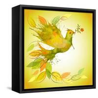 Green Dove with Flower Branch and Autumn Leaves-Scarlet Starlet-Framed Stretched Canvas