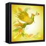 Green Dove with Flower Branch and Autumn Leaves-Scarlet Starlet-Framed Stretched Canvas