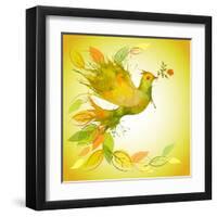 Green Dove with Flower Branch and Autumn Leaves-Scarlet Starlet-Framed Art Print