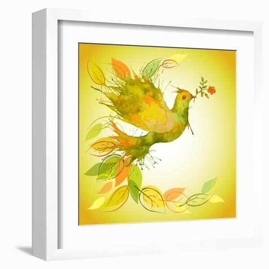 Green Dove with Flower Branch and Autumn Leaves-Scarlet Starlet-Framed Art Print