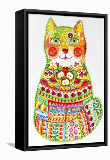 Green Folk Cat 1-Oxana Zaika-Framed Stretched Canvas