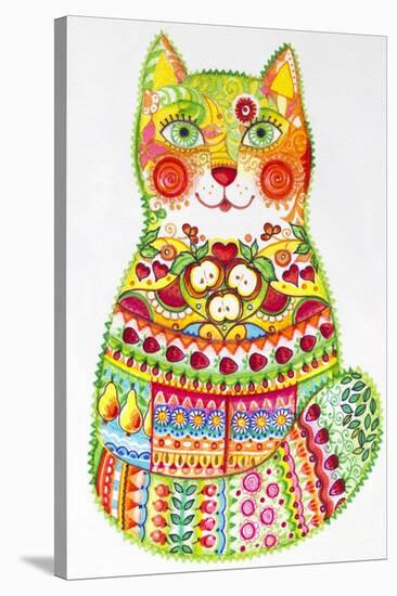 Green Folk Cat 1-Oxana Zaika-Stretched Canvas