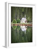 Green forest and chapel perfectly reflected in Lake Braies (Pragser Wildsee)-Roberto Moiola-Framed Photographic Print