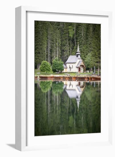 Green forest and chapel perfectly reflected in Lake Braies (Pragser Wildsee)-Roberto Moiola-Framed Photographic Print